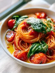 Swirling spaghetti nests coated in translucent red tomato glaze for Pasta Pomodoro.