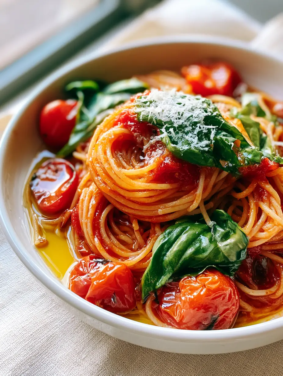 Swirling spaghetti nests coated in translucent red tomato glaze for Pasta Pomodoro.
