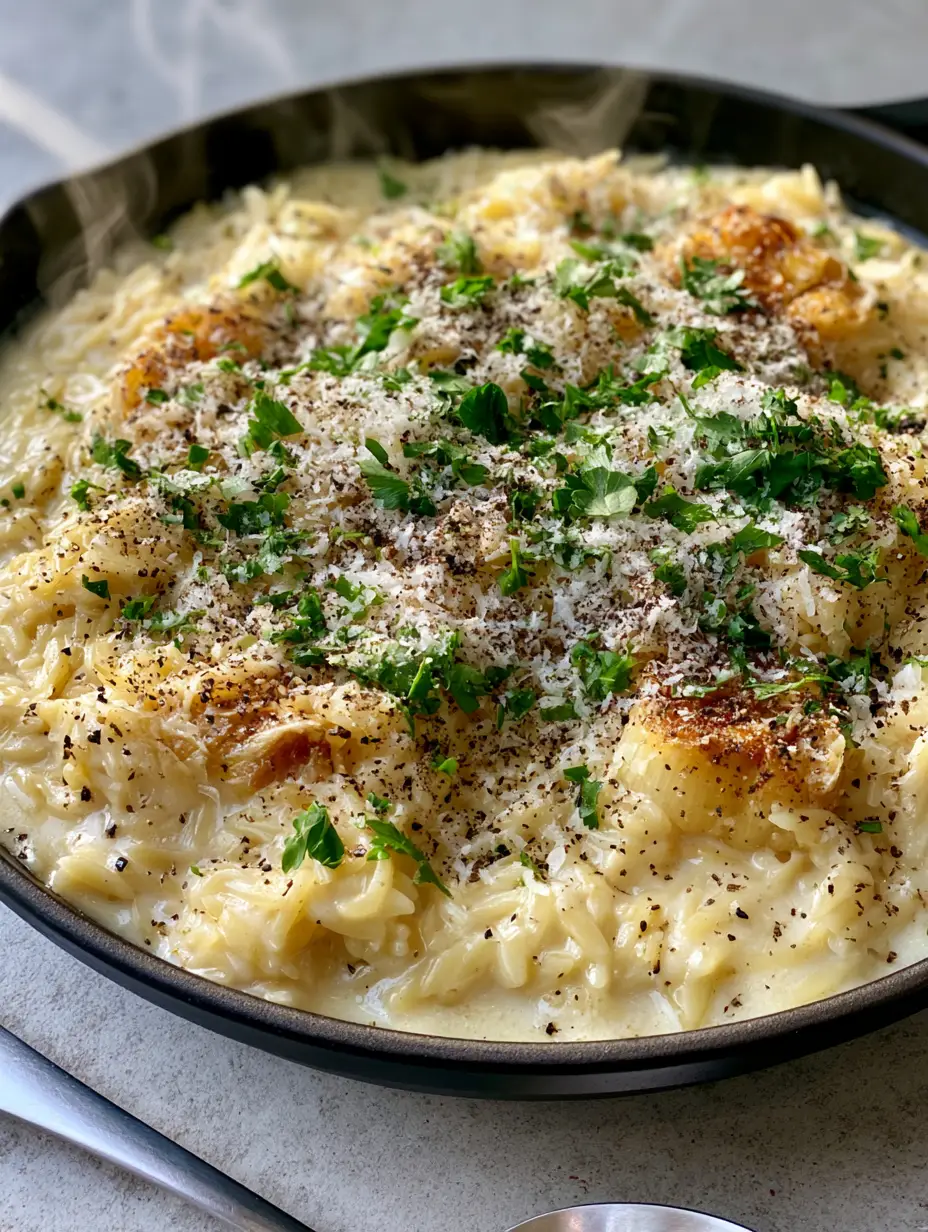 Macro photo of glossy ivory-white garlic cream sauce on plump orzo grains. (creamy garlic parmesan orzo)