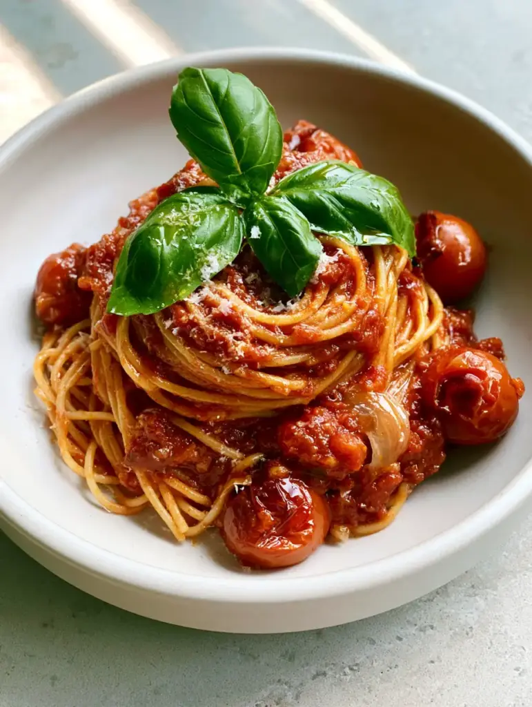 Slightly angled photo of Pasta Napoletana garnished with fresh basil leaves and micro-planed parmesan cheese.