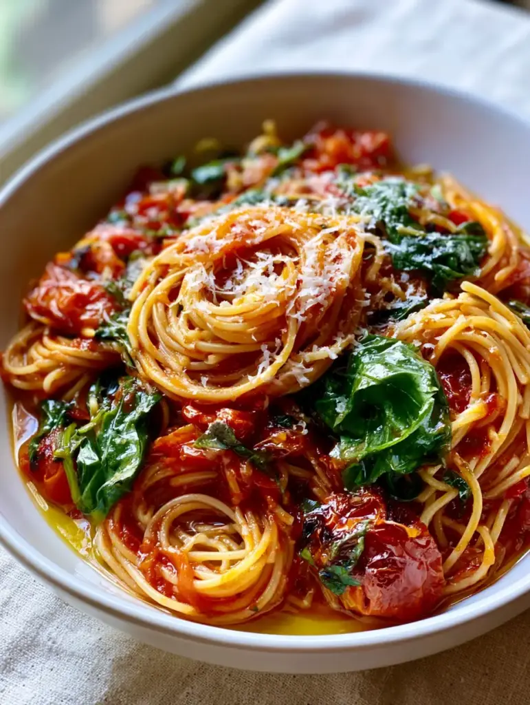 Detailed shot of blistered cherry tomatoes and pools of golden olive oil in Pasta Pomodoro.