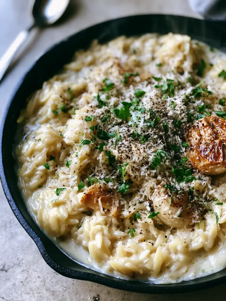 Overhead view of creamy garlic parmesan orzo topped with snow-like parmesan and fresh parsley.