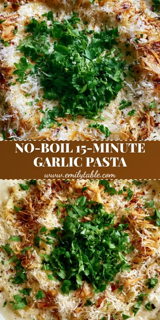 A close-up shot of creamy garlic linguine in a white ceramic skillet, highlighting the glossy sauce and golden garlic slivers. (quick and easy pasta recipes)