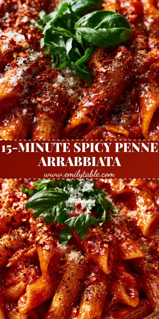 A close-up shot of Pasta Arrabbiata in a rustic bowl, featuring penne coated in glossy red sauce, garnished with chili flakes and fresh basil.