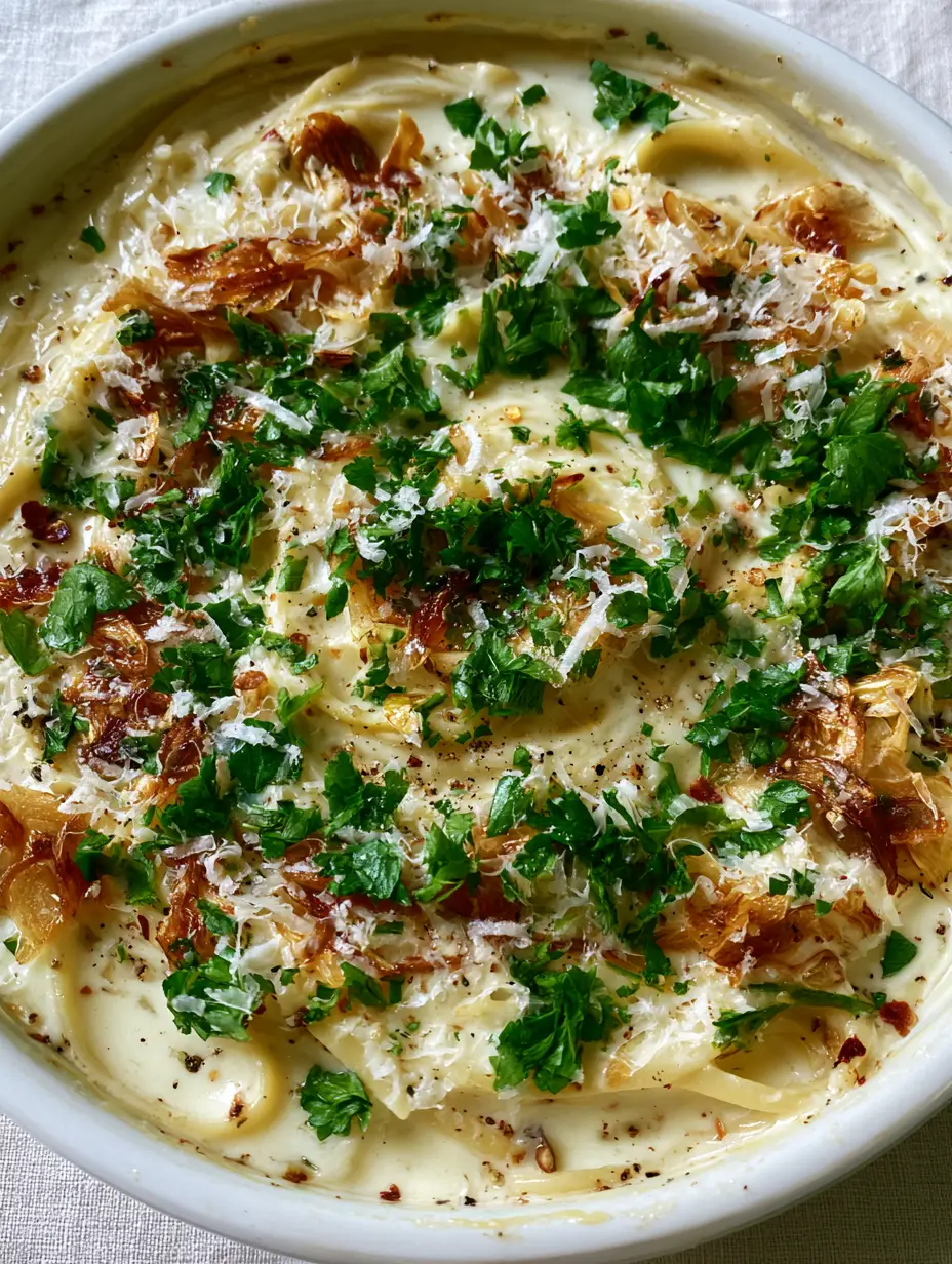Macro top-down view of velvety ivory garlic cream sauce coating linguine pasta. (quick and easy pasta recipes)