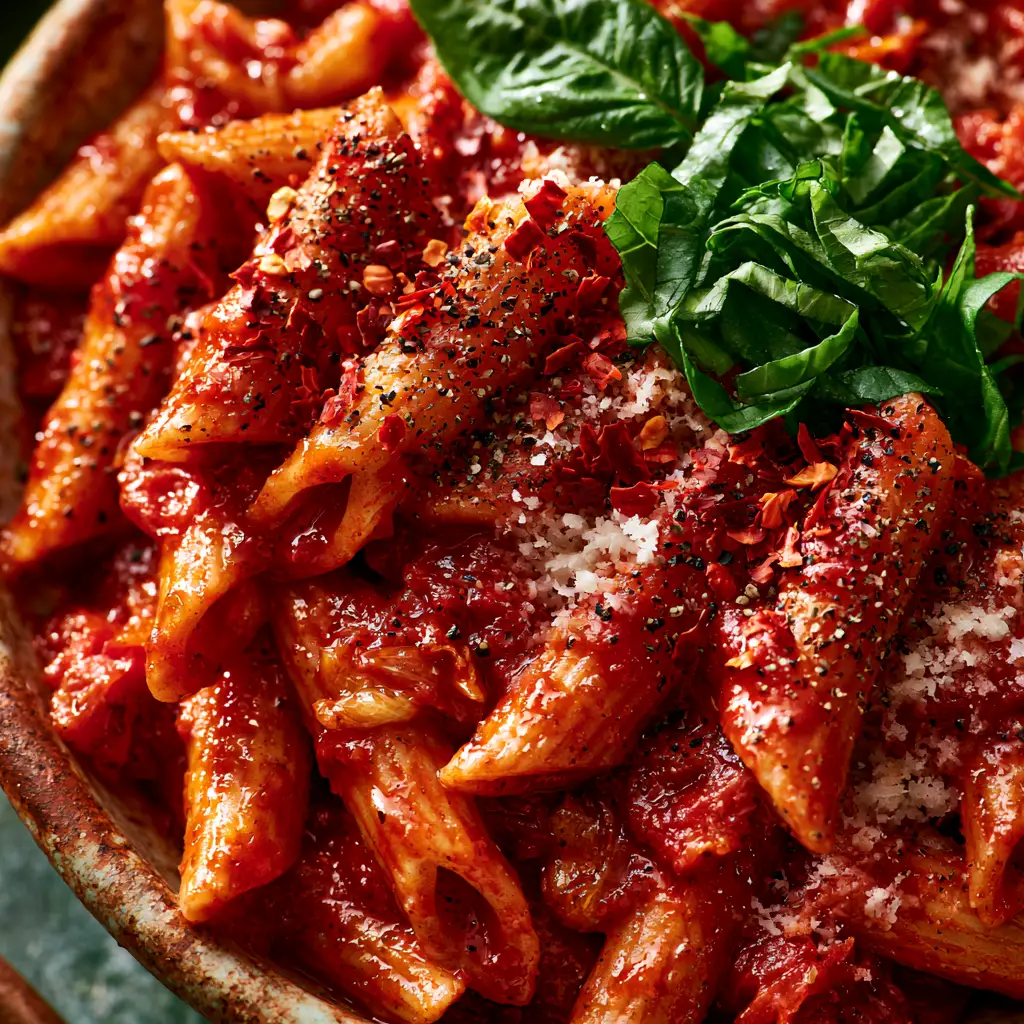 Low-angle shot of a rustic ceramic bowl of Pasta Arrabbiata with melting pecorino cheese and torn basil.