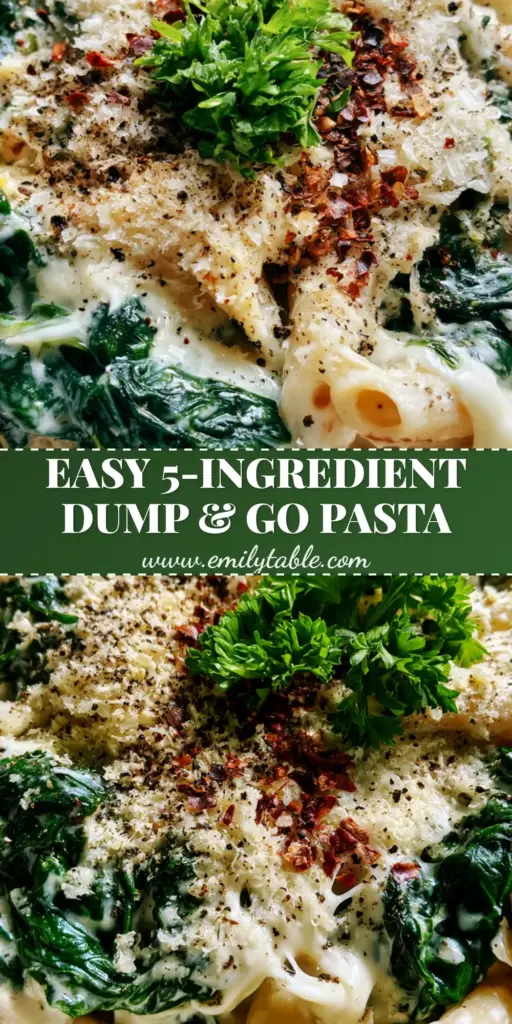 Slow cooker spinach and pasta with Creamy Parmesan Sauce 3 Overhead view of creamy Slow cooker spinach and pasta in a white ceramic pot with mozzarella cheese pulls and fresh parsley.