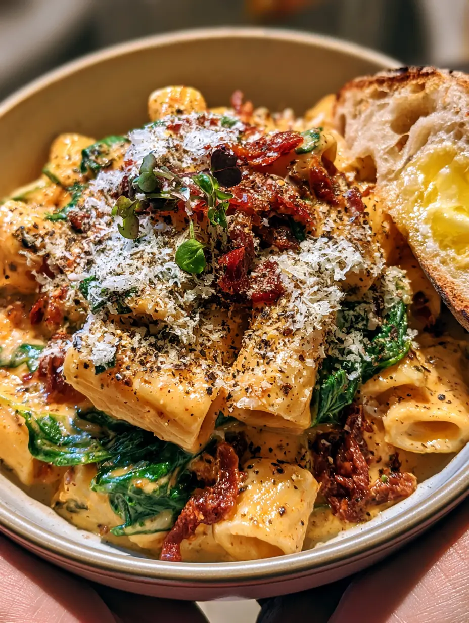 Creamy Sun-Dried Tomato Pasta with Garlic and Spinach 3 Close up shot of al dente rigatoni in a thick pale-orange parmesan cream sauce with sun-dried tomatoes. (Creamy Sun-Dried Tomato Pasta)
