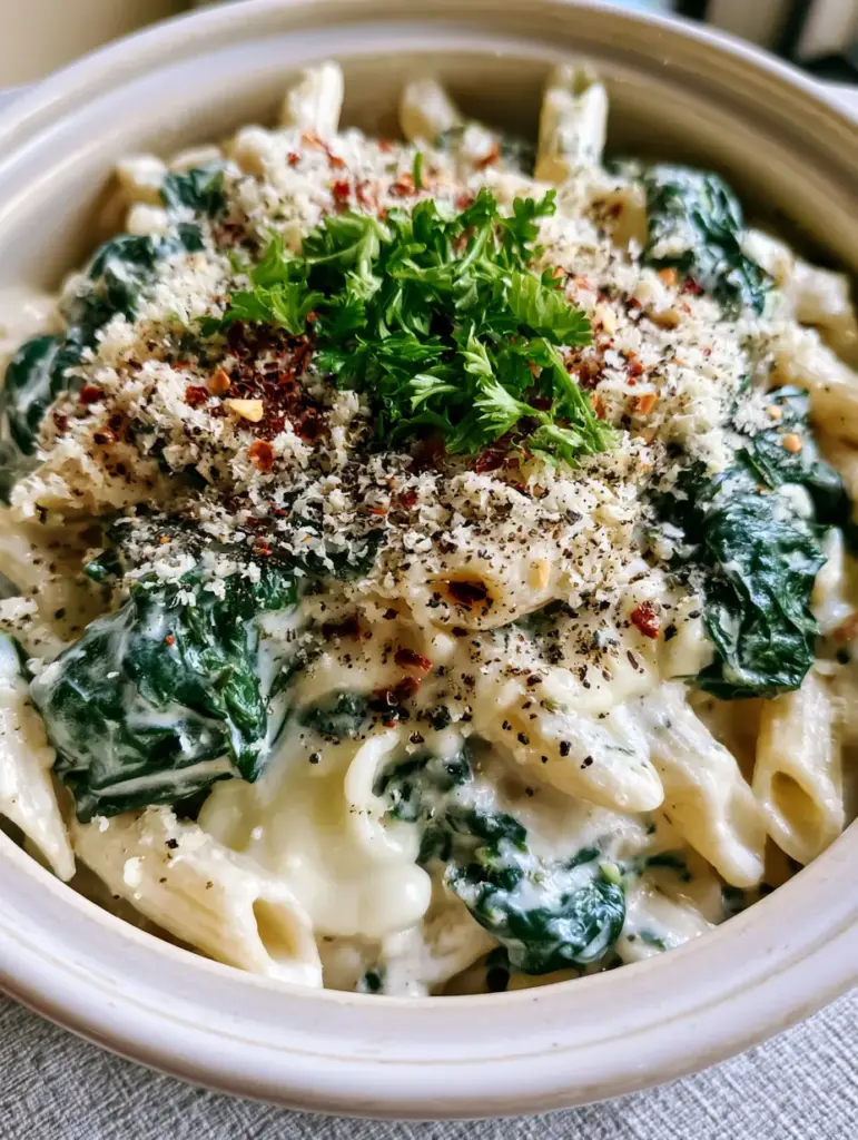 Slow cooker spinach and pasta with Creamy Parmesan Sauce 2 Macro shot of Slow cooker spinach and pasta showing al dente penne and thick white cream sauce.