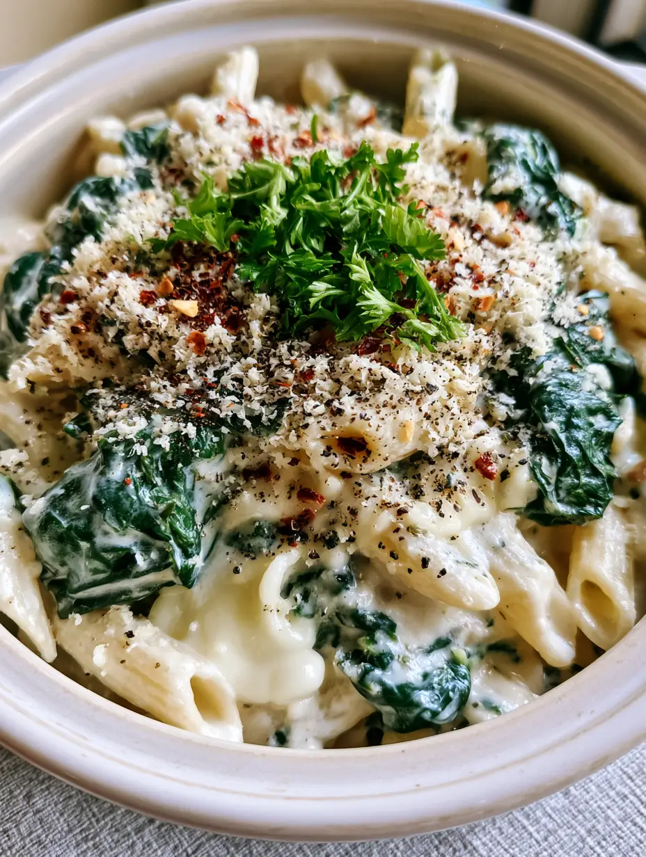 Slow cooker spinach and pasta with Creamy Parmesan Sauce 4 Macro shot of Slow cooker spinach and pasta showing al dente penne and thick white cream sauce.