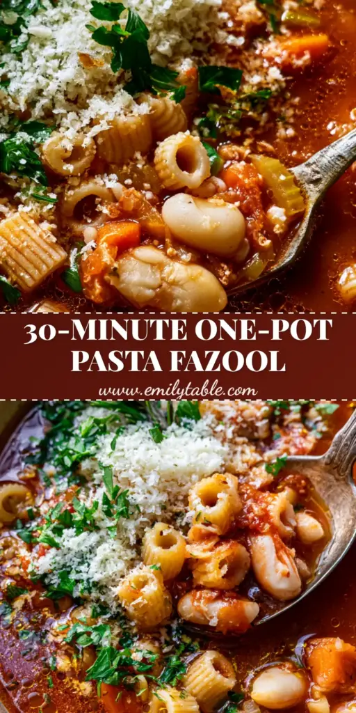 A close-up vertical shot of Pasta Fazool recipe with thick mahogany broth, snowy parmesan cheese, and a rustic silver spoon. (Pasta Fazool recipe)