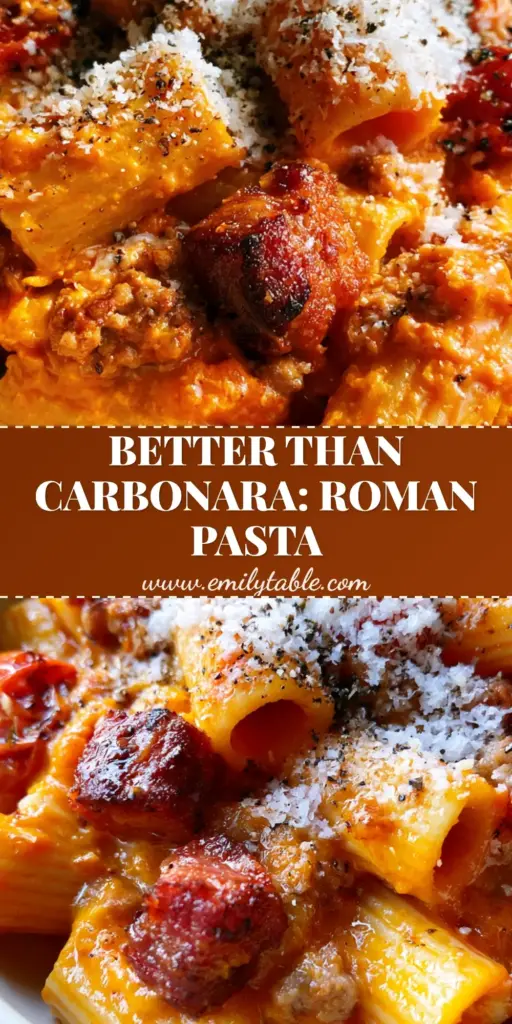 A top-down view of Rigatoni Pasta Alla Zozzona showing the glossy orange-red sauce, crispy guanciale, and blistered tomatoes.