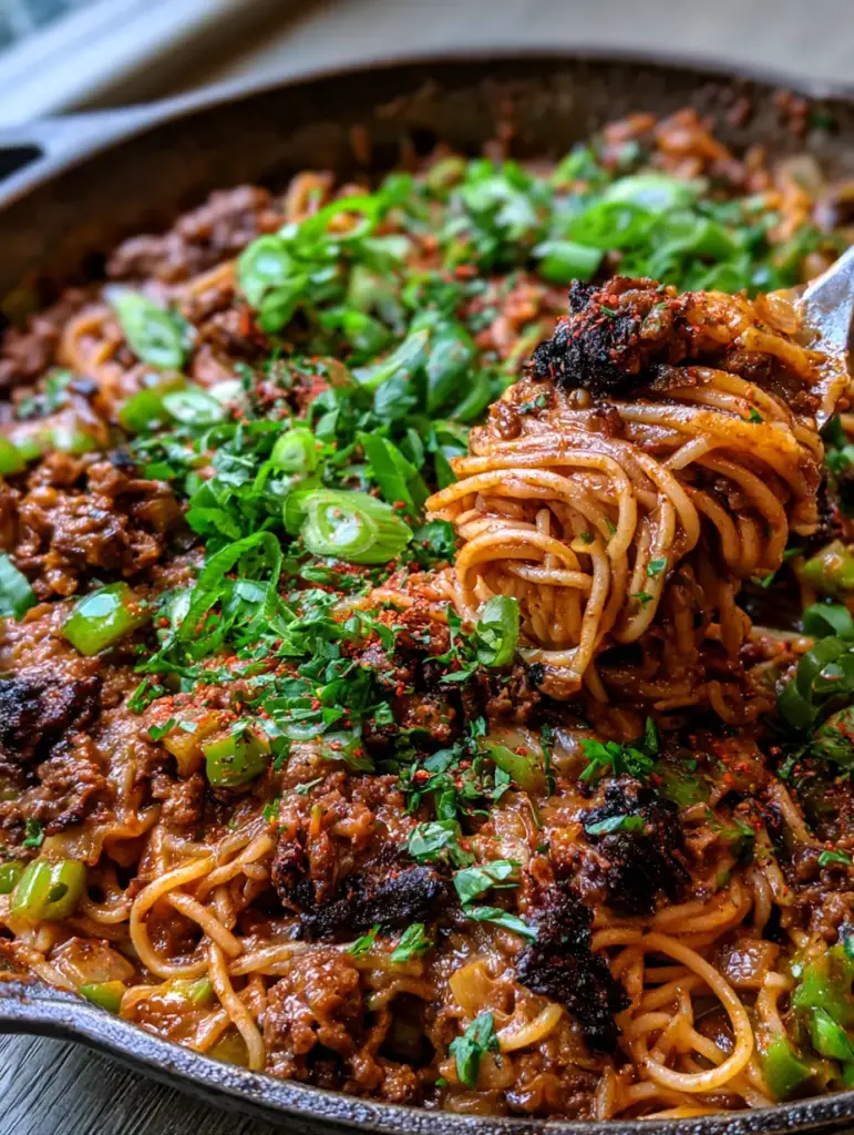 Cajun Inspired Dirty Spaghetti with Seared Ground Beef 1 A fork twirling a saucy bite of Cajun inspired dirty spaghetti with visible holy trinity vegetables and a dusting of cayenne.