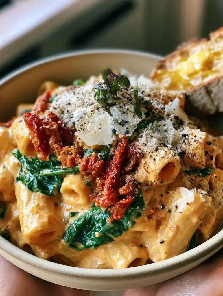 Creamy Sun-Dried Tomato Pasta with Garlic and Spinach 1 Overhead view of Creamy Sun-Dried Tomato Pasta garnished with snowy parmesan and fresh micro-basil.