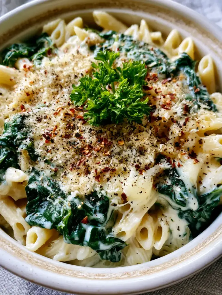 Slow cooker spinach and pasta with Creamy Parmesan Sauce 1 Rustic ceramic pot filled with Slow cooker spinach and pasta topped with parmesan and red pepper flakes.