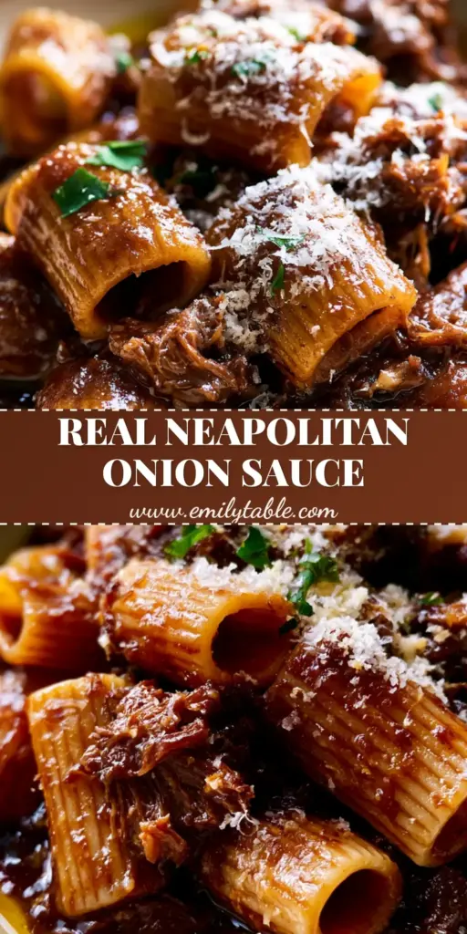 A close up shot of a matte ceramic bowl filled with Rigatoni Pasta alla Genovese, featuring a mahogany onion reduction, shredded beef, and Parmigiano Reggiano.