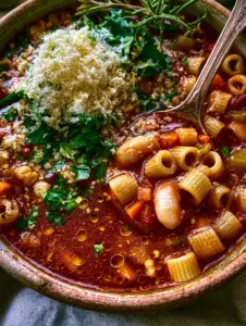Macro photo of Pasta Fazool recipe showing shimmering olive oil droplets on a rich tomato broth with ditalini pasta and beans. (Pasta Fazool recipe)