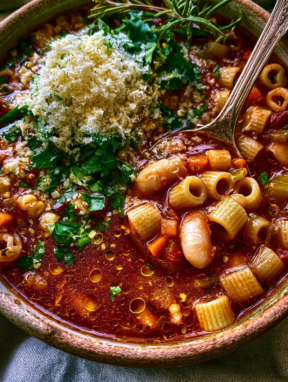 Macro photo of Pasta Fazool recipe showing shimmering olive oil droplets on a rich tomato broth with ditalini pasta and beans. (Pasta Fazool recipe)