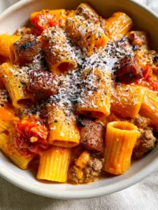 Macro close-up of Rigatoni Pasta Alla Zozzona in a matte bowl, highlighting the vibrant orange-red sauce and cracked pepper.