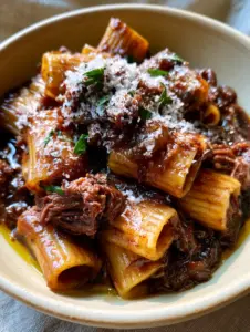 Extreme macro close-up of Rigatoni Genovese showing the thick glossy mahogany onion sauce and shredded beef chunks. (Pasta alla Genovese)