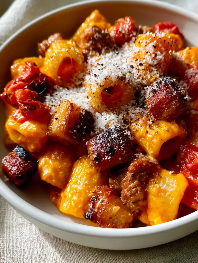 Close-up of blistered cherry tomatoes and crispy guanciale nestled in a bowl of Pasta Alla Zozzona.