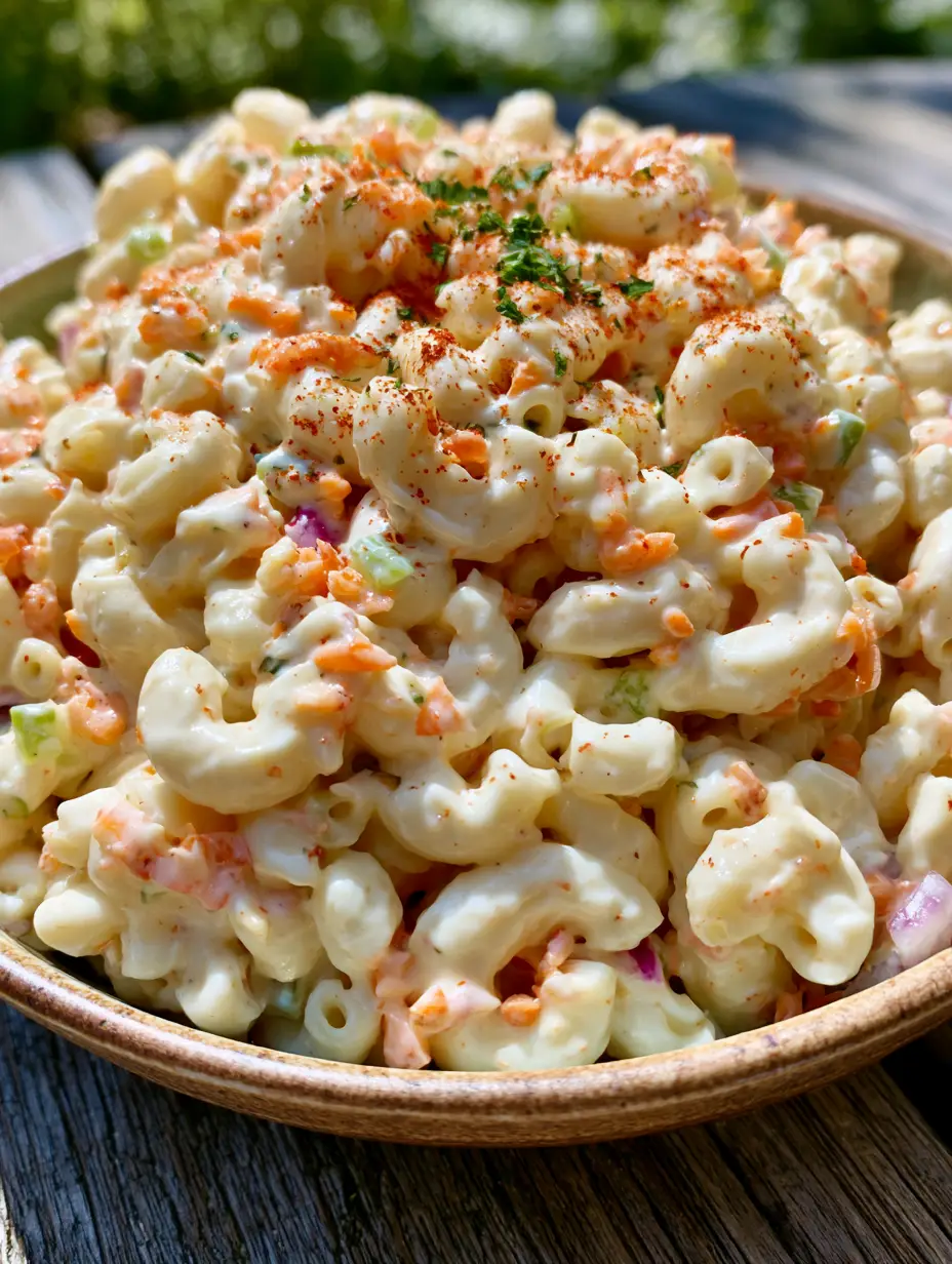 Overhead view of a rustic bowl of macaroni salad showing the glossy ivory dressing and grated carrots.