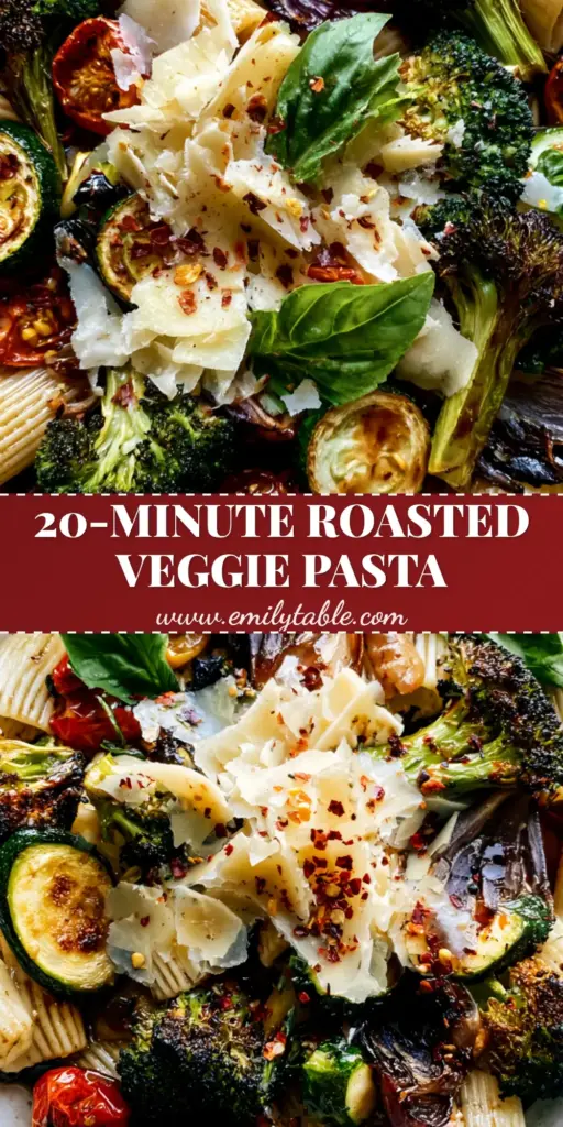 Roasted Vegetable Pasta: The Ultimate 20-Minute Glossy Rigatoni Recipe 3 An overhead view of Roasted Vegetable Pasta in a rustic white bowl featuring charred broccoli, blistered tomatoes, and glossy rigatoni garnished with basil and parmesan shavings.