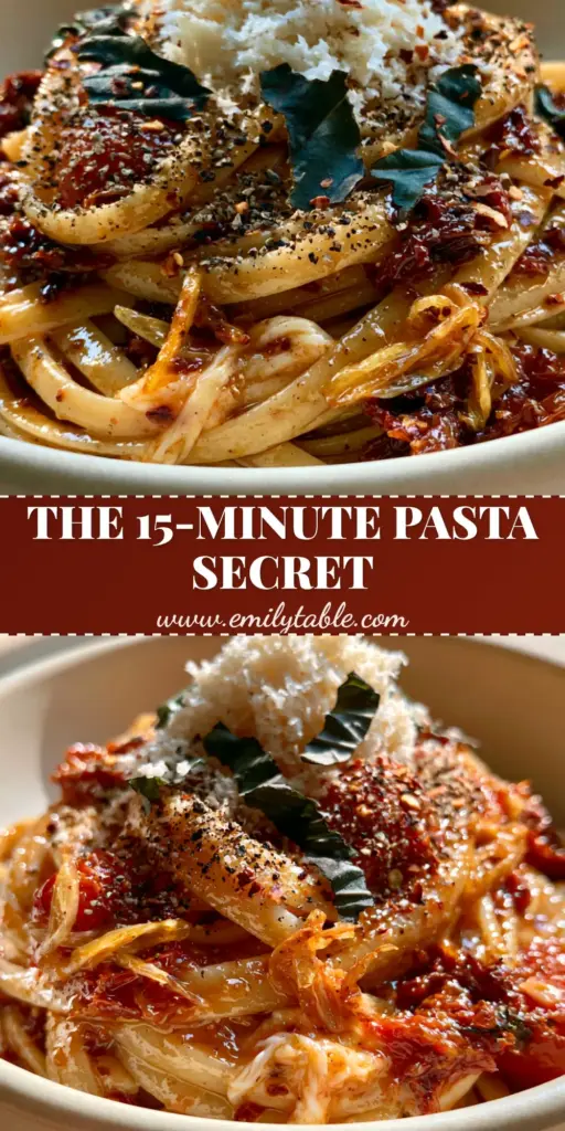 Pasta Recipe: One-Pot Sun-Dried Tomato and Garlic Butter Linguine 3 A close-up vertical shot of glossy one-pot linguine with sun-dried tomato butter sauce, blistered tomatoes, and fluffy parmesan. (Pasta Recipe)
