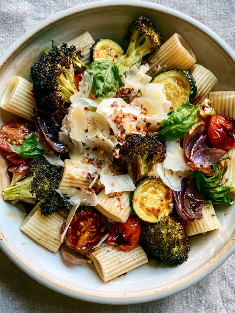 Roasted Vegetable Pasta: The Ultimate 20-Minute Glossy Rigatoni Recipe 2 Smartphone photo of Roasted Vegetable Pasta showing charred broccoli florets and split cherry tomatoes on ridged rigatoni.