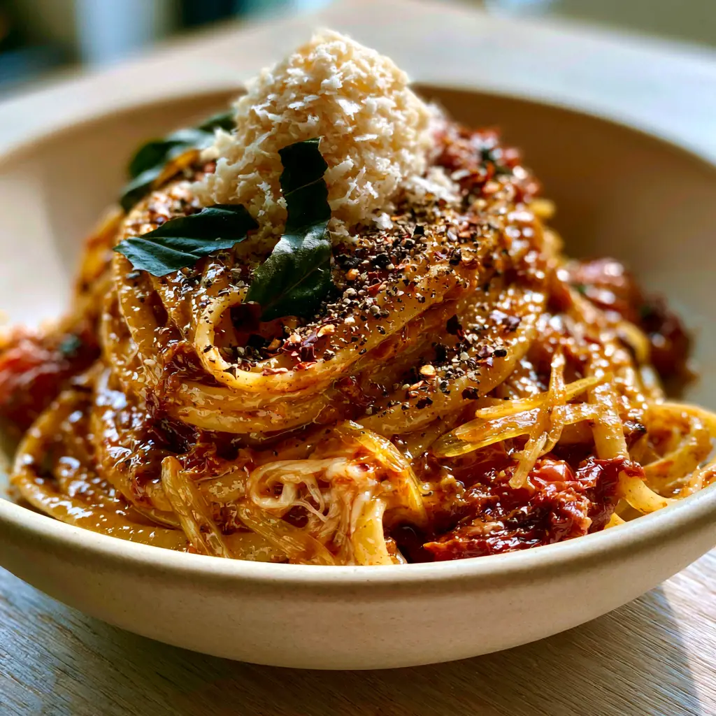 Pasta Recipe: One-Pot Sun-Dried Tomato and Garlic Butter Linguine 2 A smartphone photo of linguine coated in shimmering sun-dried tomato sauce with visible golden garlic and melted mozzarella. (Pasta Recipe)