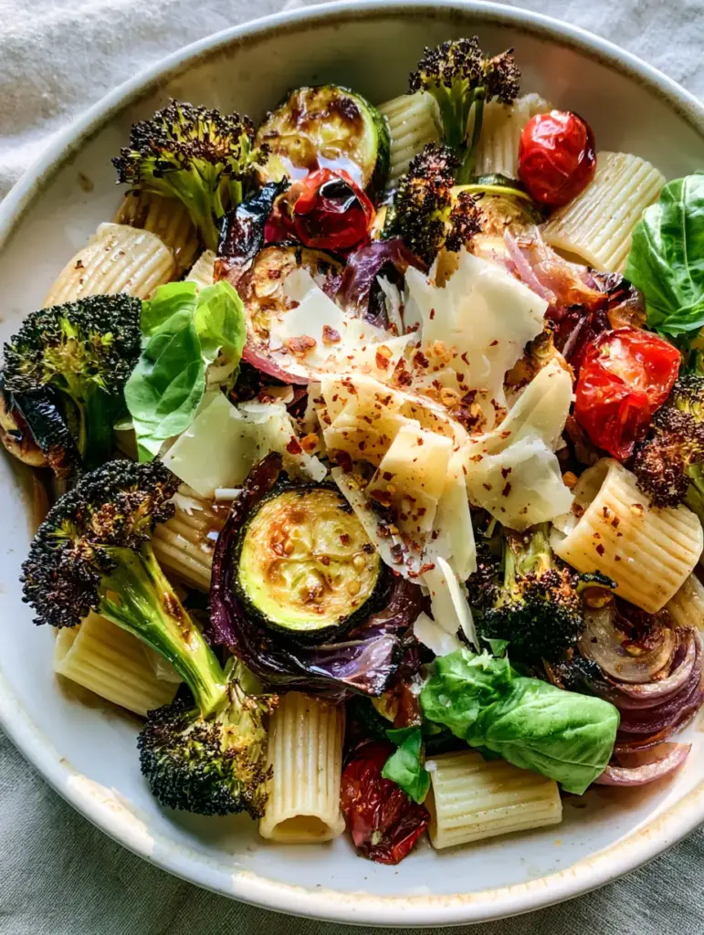 Roasted Vegetable Pasta: The Ultimate 20-Minute Glossy Rigatoni Recipe 1 Close up of Roasted Vegetable Pasta featuring seared zucchini rounds and shaved parmesan cheese with a balsamic oily sheen.
