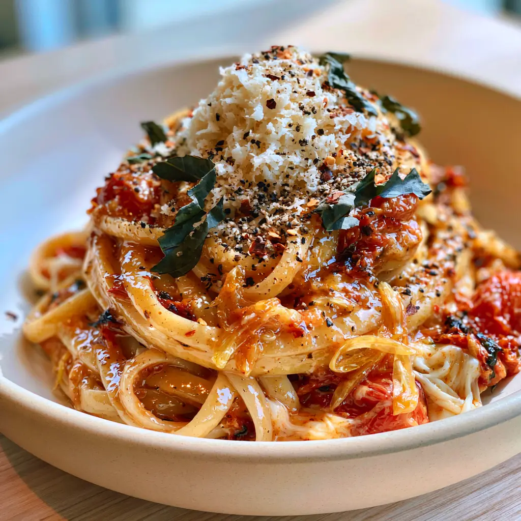 Pasta Recipe: One-Pot Sun-Dried Tomato and Garlic Butter Linguine 1 A matte-cream bowl filled with glossy pasta topped with fresh torn basil, coarse pepper, and micro-planed parmesan.