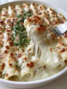Extreme close-up of charred cheese bubbles and toasted parmesan crust on vertical pasta. (Paccheri pasta recipes)