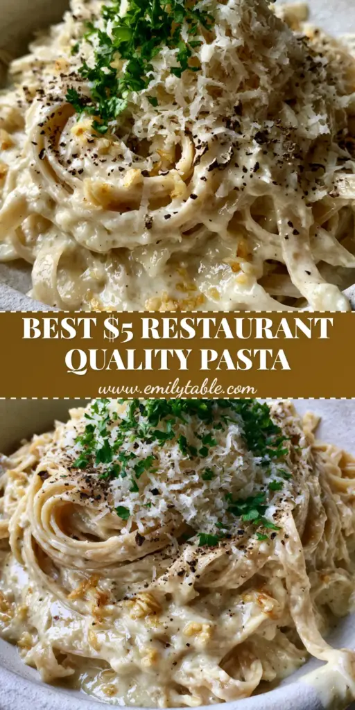 A swirling bowl of creamy garlic fettuccine with glossy sauce and a mountain of parmesan cheese. (budget friendly pasta recipes)