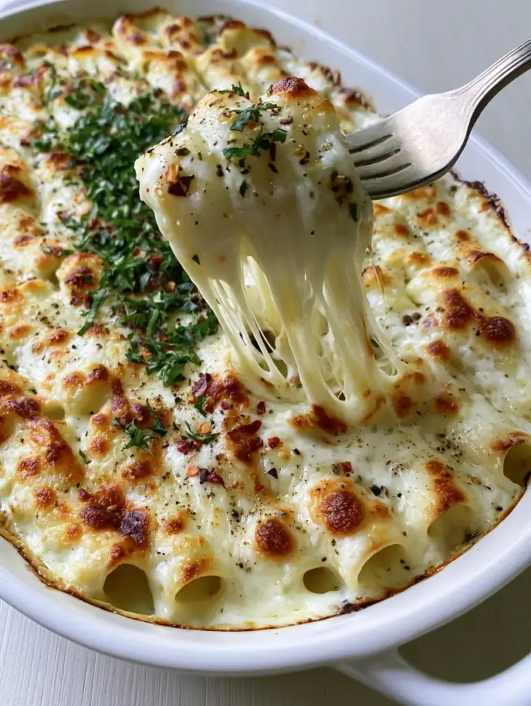 Top-down view of a white ceramic dish filled with honeycomb paccheri pasta garnished with basil.