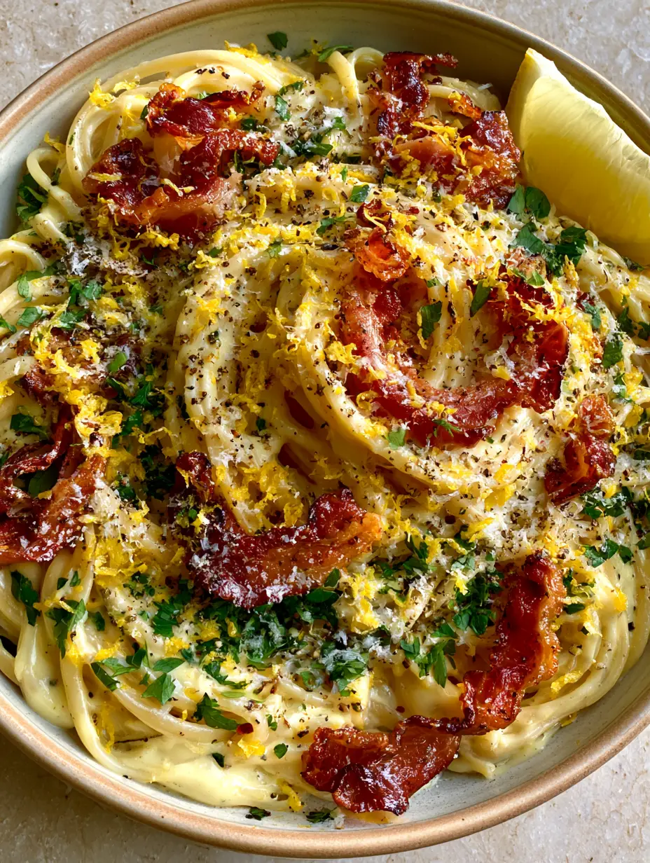 Prosciutto Pasta with Creamy Lemon Garlic Sauce and Crispy Ribbons 3 Close up of al dente linguine swirled in a thick, glossy lemon garlic cream sauce. (prosciutto pasta)