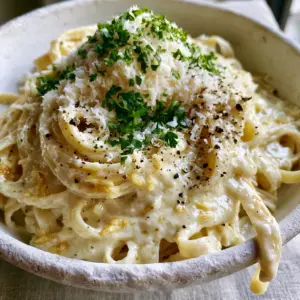 Close-up of al dente pasta strands dripping with ivory garlic cream sauce. (budget friendly pasta recipes)