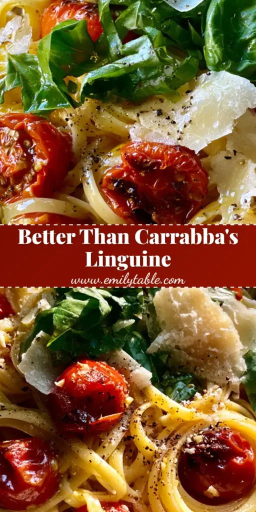 A top-down view of a Linguine Positano recipe featuring glossy noodles, charred cherry tomatoes, and fresh basil. (Linguine Positano recipe)