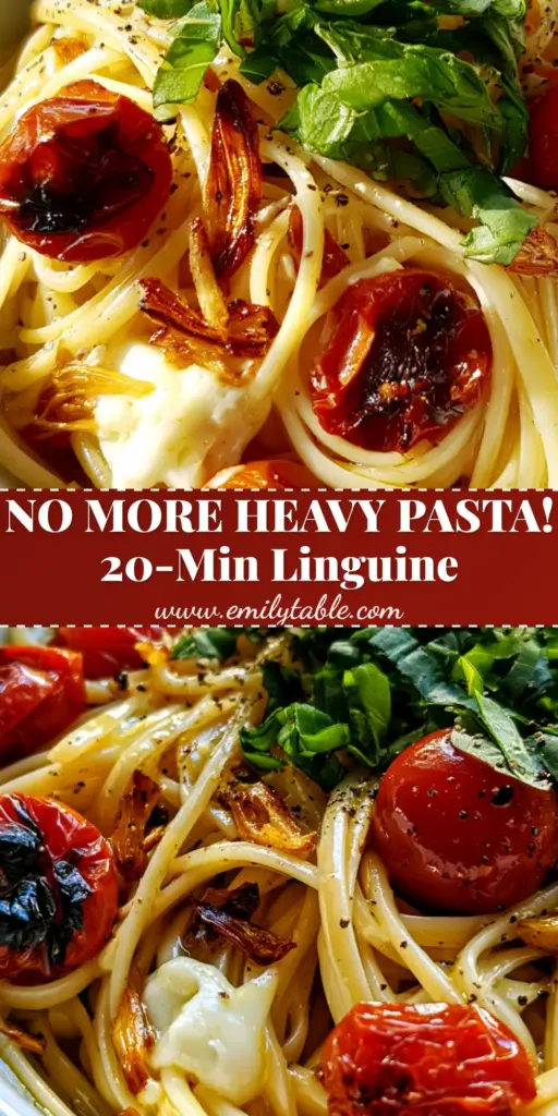 Linguine Positano Recipe: A Sun-Drenched Taste of the Amalfi Coast 3 A close-up shot of Linguine Positano with blistered cherry tomatoes, toasted garlic slivers, and melted fontina cheese ribbons.