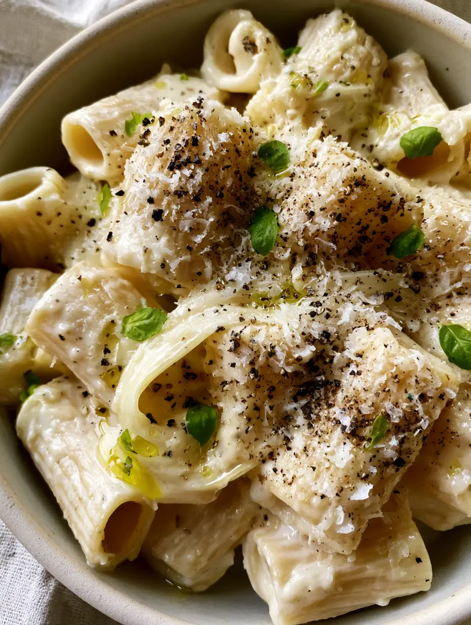 Pasta recipes: The Ultimate Glossy Creamy Parmesan Rigatoni 4 Close-up of rigatoni ridges holding a thick ivory cream sauce with microplaned parmesan dust. (Pasta recipes)