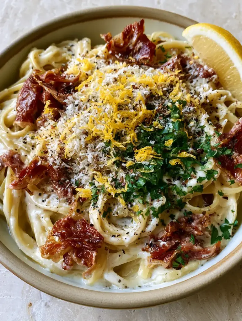 Prosciutto Pasta with Creamy Lemon Garlic Sauce and Crispy Ribbons 1 Linguine topped with ruffled crispy prosciutto, micro-planed lemon zest, and parmesan snow.