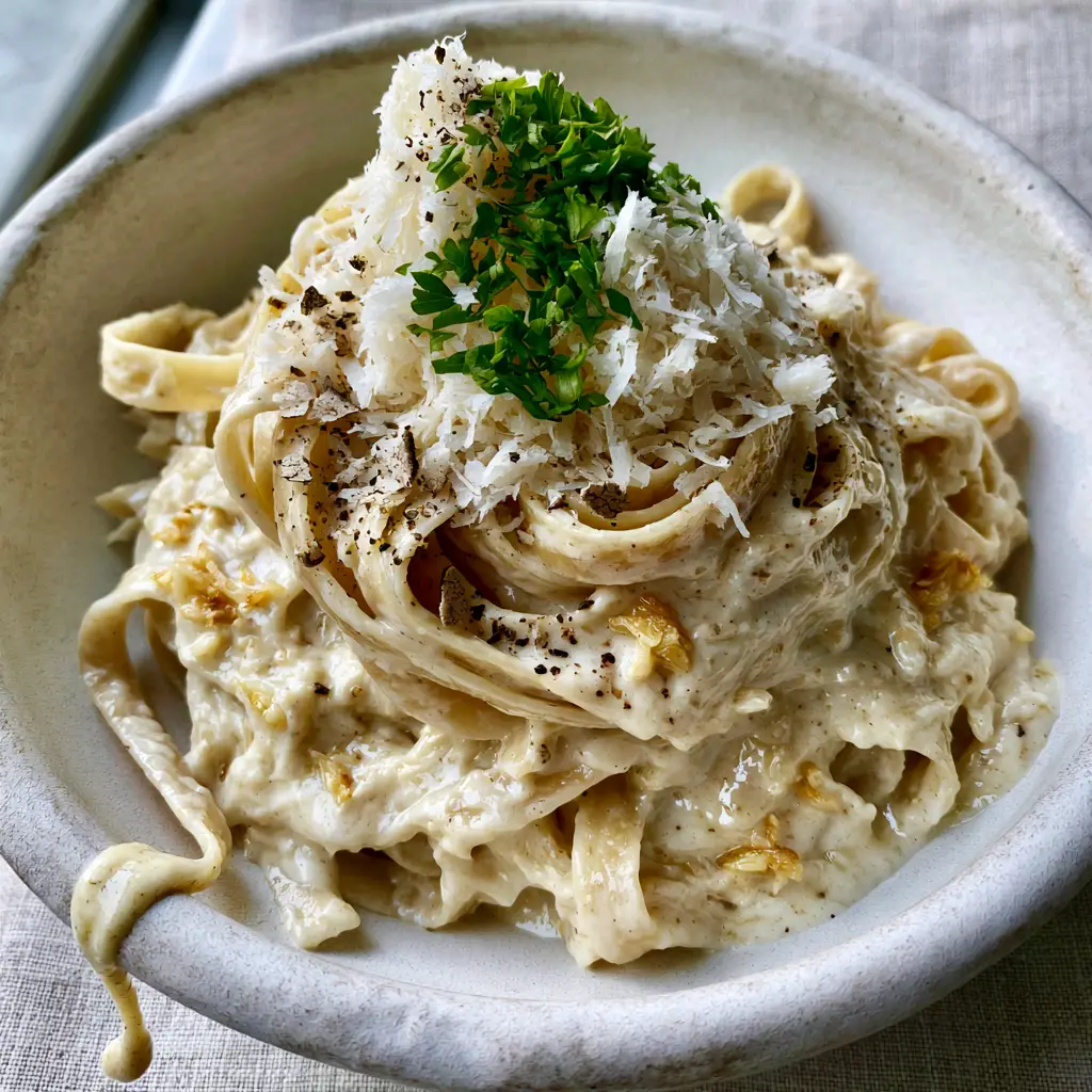 A rustic bowl of fettuccine topped with golden garlic bits and fluffy parmesan cheese.