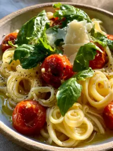 Extreme close-up of al dente linguine with glossy garlic oil and charred tomatoes. (Linguine Positano recipe)