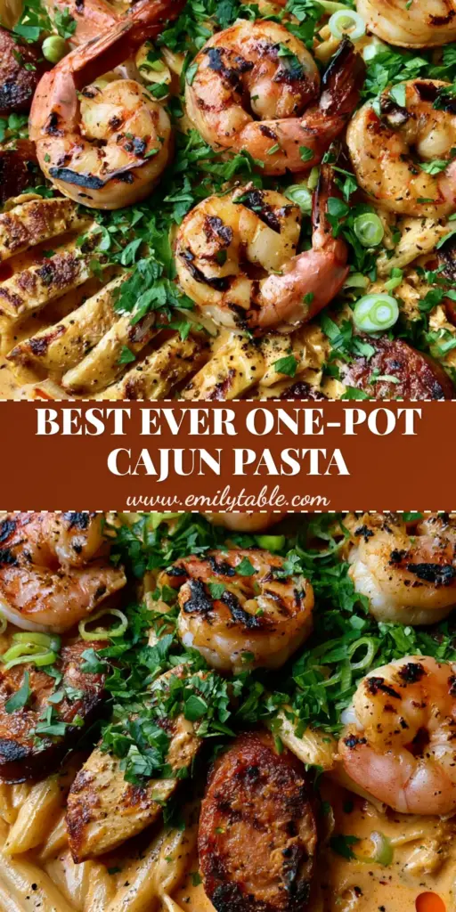 A shallow black matte cast iron skillet filled with creamy Cajun jambalaya pasta featuring penne, seared shrimp, chicken strips, and charred andouille sausage.