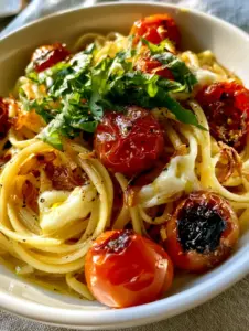 Macro shot of shimmering garlic-infused olive oil coating Linguine Positano with fresh basil.