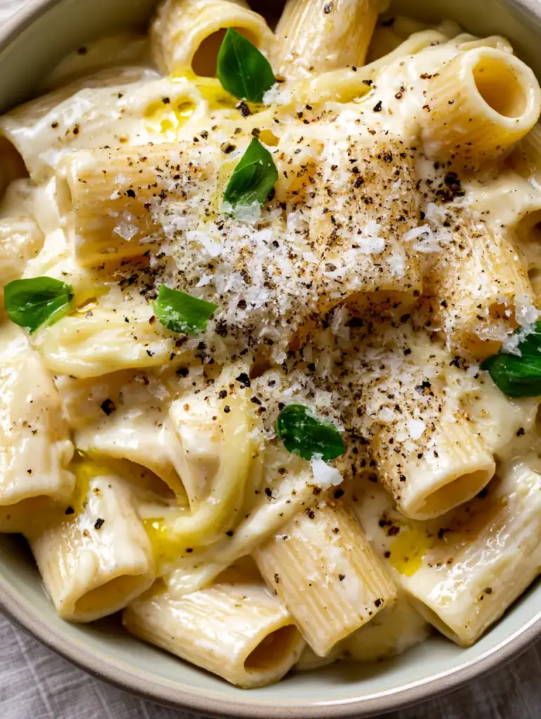 Pasta recipes: The Ultimate Glossy Creamy Parmesan Rigatoni 1 Matte ceramic pan filled with cheesy pasta, topped with basil and golden olive oil droplets.