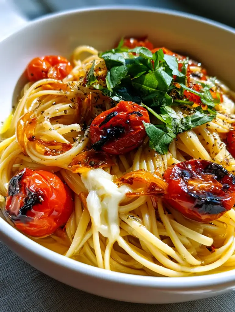 Linguine Positano Recipe: A Sun-Drenched Taste of the Amalfi Coast 1 White ceramic bowl of Linguine Positano showing blistered cherry tomatoes and toasted golden garlic slivers.