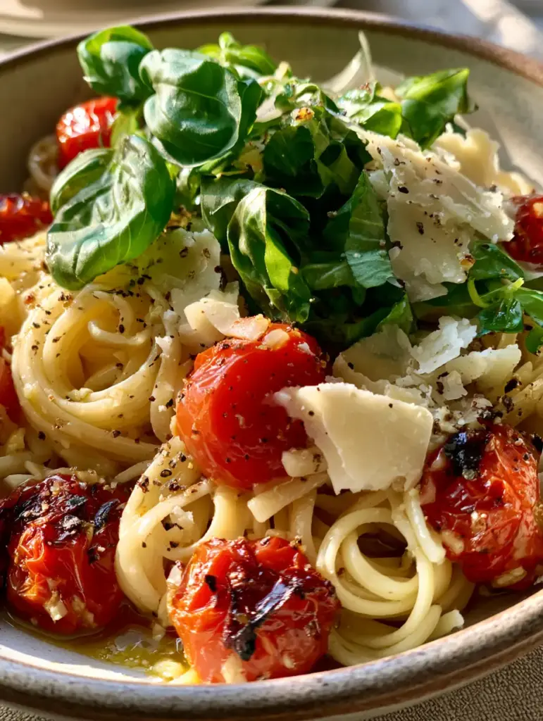 Rustic bowl of Linguine Positano topped with thick parmesan shavings and fresh torn basil.
