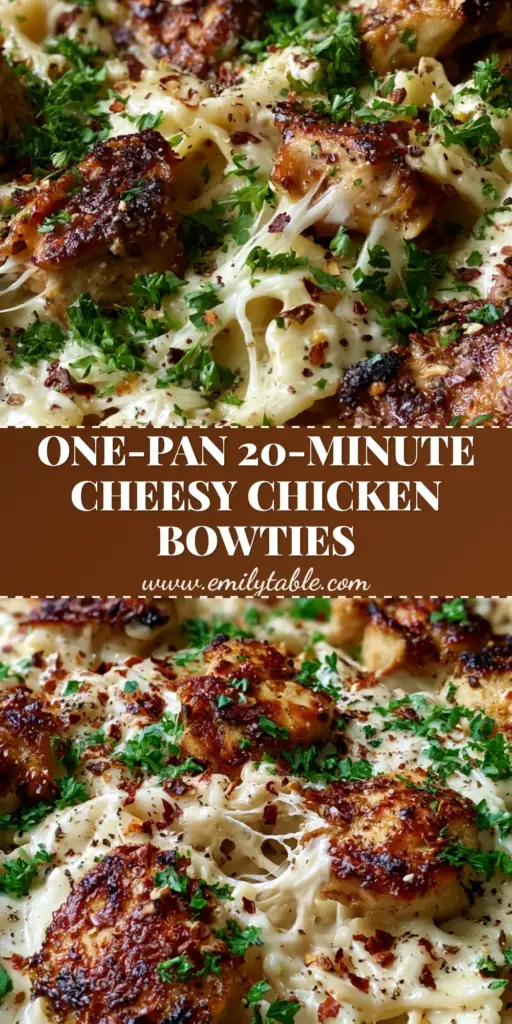 Mozzarella Garlic Butter Chicken Bowties with Charred Golden Chicken 4 A vertical overhead shot of Mozzarella Garlic Butter Chicken Bowties in a cast iron skillet with melted cheese strands and fresh parsley.