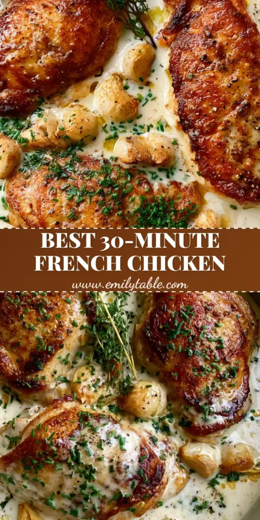 A close-up vertical shot of French garlic chicken featuring crispy golden-brown skin, whole roasted garlic, and a creamy ivory sauce in a white skillet.